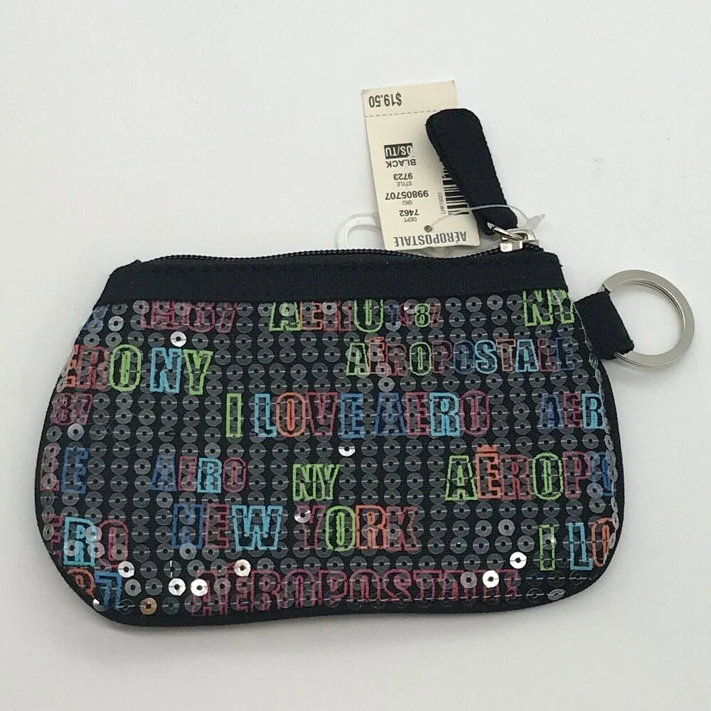 Aéropostale Makeup Bag Black Sequined I Love Aero Zippered Cosmetic Pouch NWT